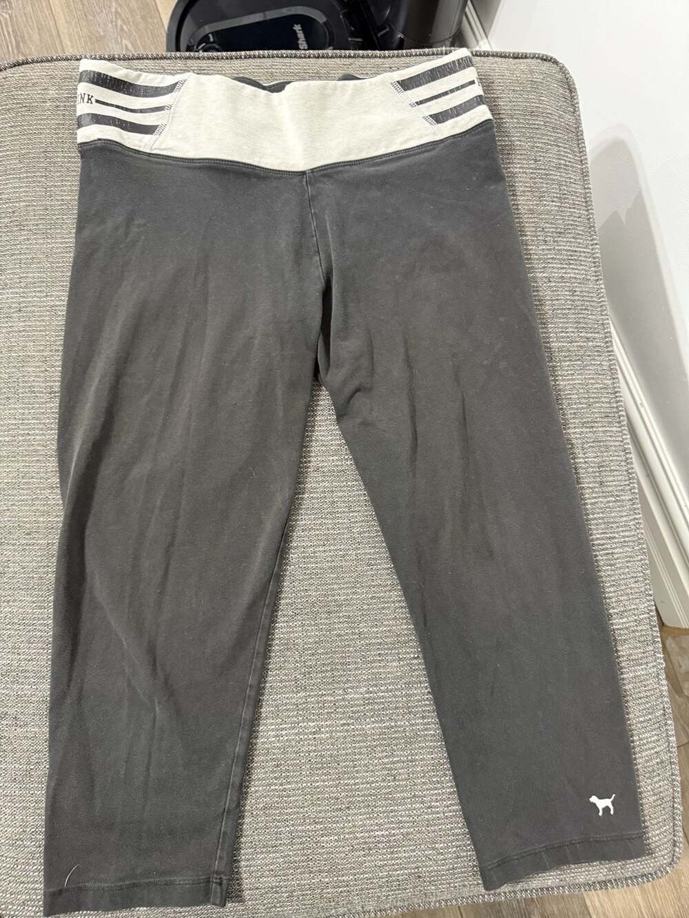 Victoria's Secret PINK Yoga Fold Over Capri Leggings Black Grey Stripe Medium